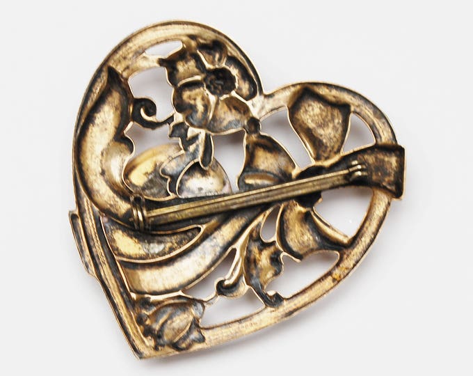 Heart Locket Brooch - Repousse Gold Brass metal - Art Nouveau - Floral Bow - pin