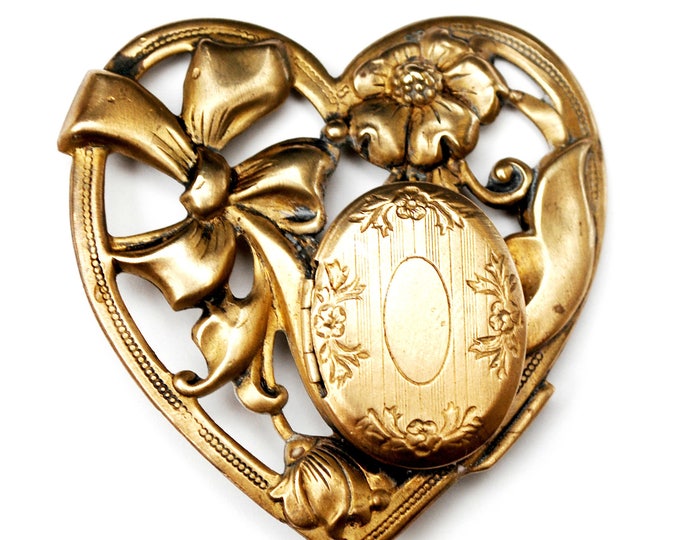 Heart Locket Brooch - Repousse Gold Brass metal - Art Nouveau - Floral Bow - pin