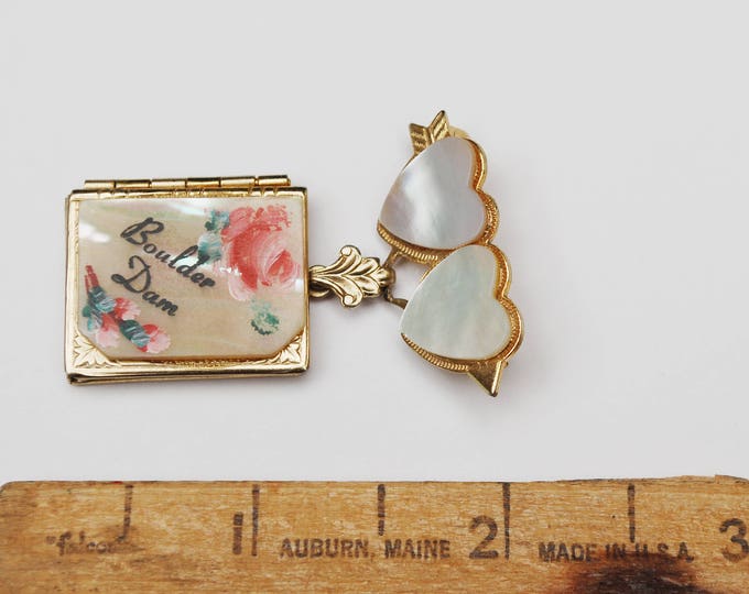 Book Locket Necklace - Mother of Pearl MOP - gold book locket - Boulder dam - Souvenir locket