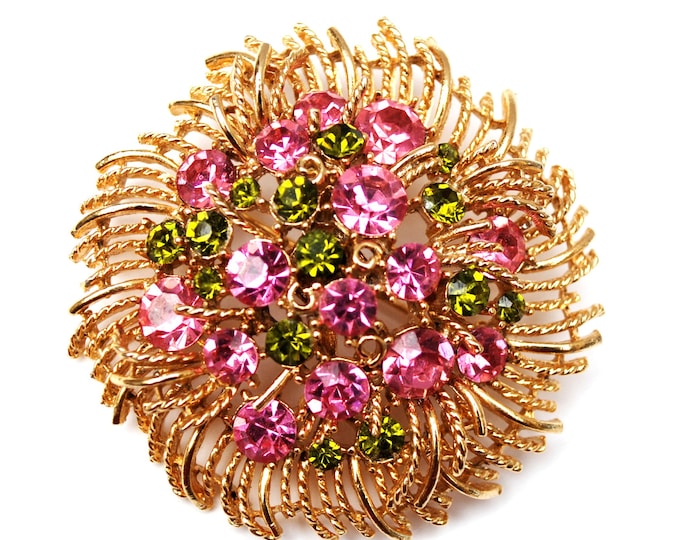 Lisner Pink Rhinestone Brooch - gold tone Flower leaf - Mid Century pin