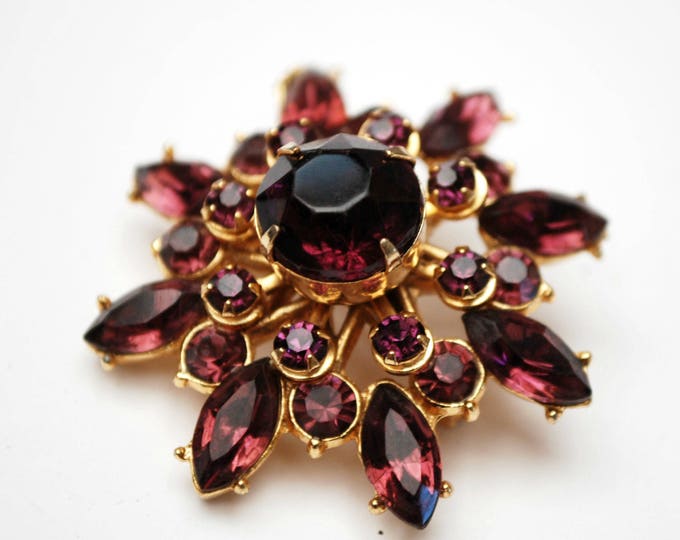 Purple Atomic Brooch - Amethyst color Glass Crystal flower - gold plating floral pin