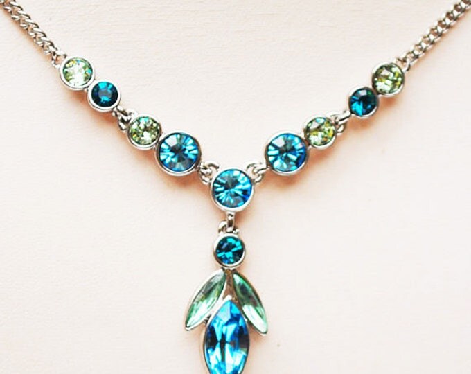 Givenchy Rhinestone Necklace - Blue Green crystal silver - signed