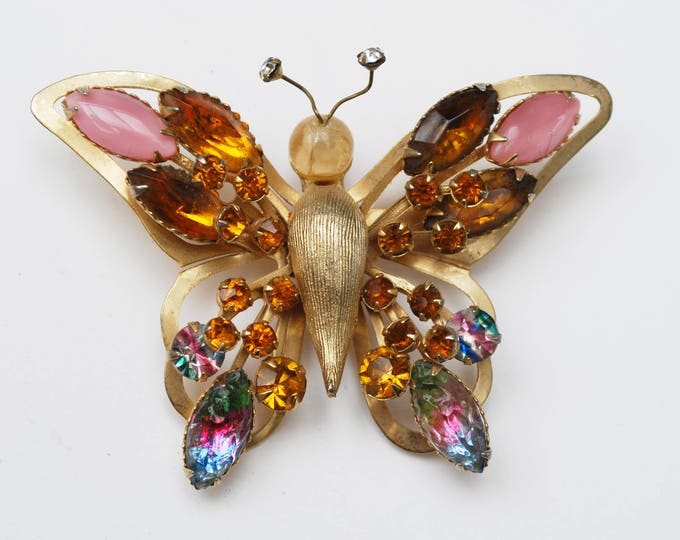 Selini Butterfly Brooch - Amber Pink Rhinestone - Watermelon Color Givre Crystal - Gold metal - Insect pin