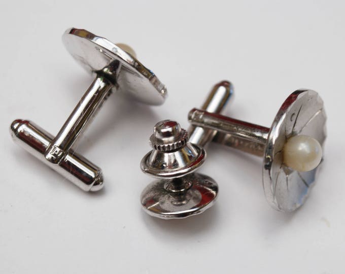 Sterling Silver Pearl Cuff links and tie tact. - round white salt water pearl - wedding groom - cufflinks