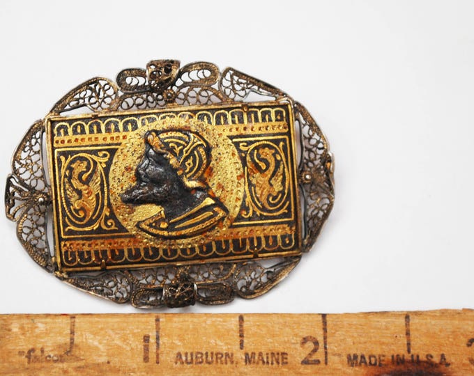 Damascene Spanish Soldier Cameo Brooch - Gold Black enamel - Silver Filigree - Trombone Clasp Vintage pin