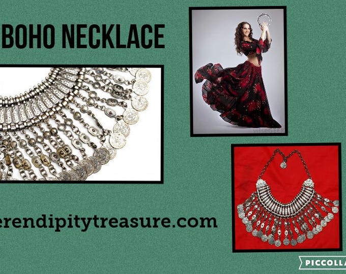 Silver Coin Bib Necklace - Boho Gypsy - Tribal Dangle Coin - Statement Necklace