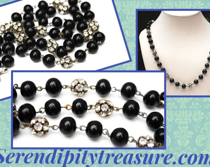 Black Glass bead Necklace - Rhinestone Rondelle - vintage silver crystal beads - 25 inches