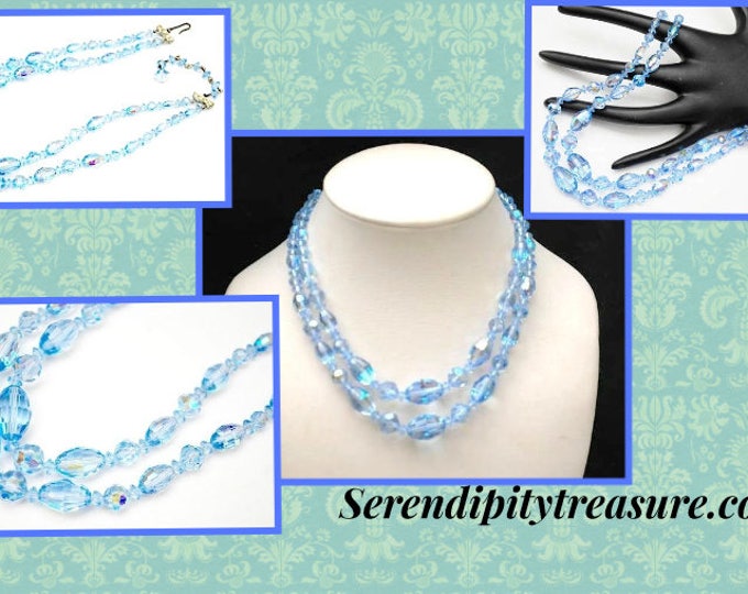 Graduated Bead Necklace - Light Blue facet cut crystal - Glass Beads - Rhinestone clasp