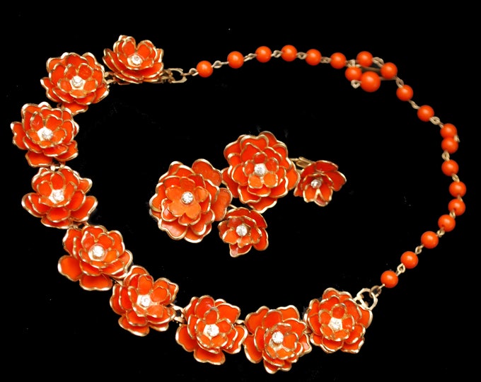 Orange Flower necklace earring set -Plastic floral - clear rhinestone - gold trim