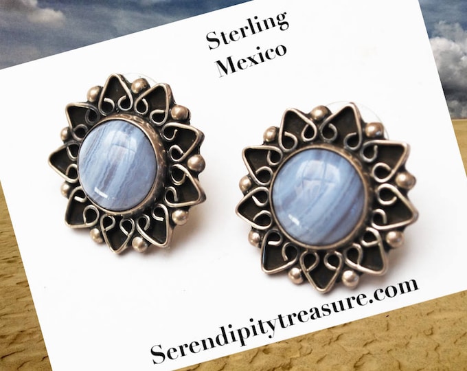 Sterling flower Earrings - Blue Glass - Silver floral - pierced earrings - Signed Mexico