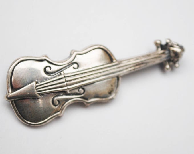 Sterling Violin Brooch - Signed Sterling - Silver string instrument - figurine pin