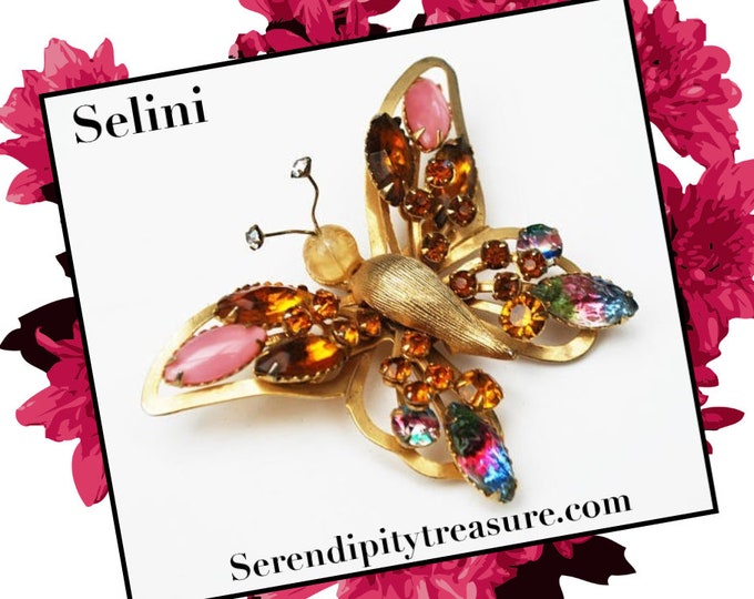 Selini Butterfly Brooch - Amber Pink Rhinestone - Watermelon Color Givre Crystal - Gold metal - Insect pin