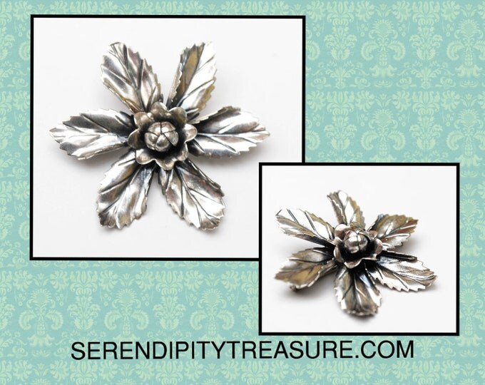 Sterling Flower Brooch - Silver Floral - Vintage Art Nouveau - signed Hand made - Floral Pin