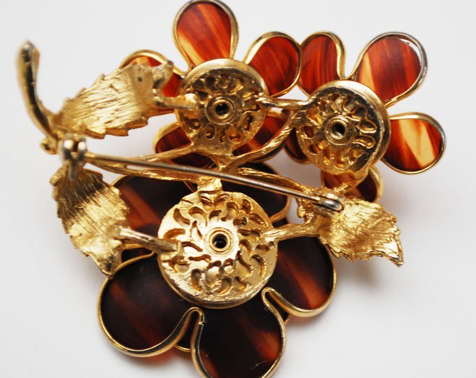 Flower Brooch - Tortoise Lucite - Champagne Rhinestone - Floral Pin - Mid Century