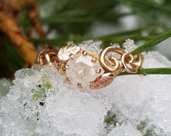 White Snow Storm Diamond in Leafy Rose Gold Twig Ring with Leaves - Handmade OOAK Engagement Ring with Milky White Salt and Pepper Diamond
