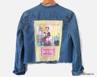 Upcycled Women's Clothes Frida Kahlo Denim Jean Jacket Funky Unique Boho Clothing / Day of the Dead / Festival Clothing