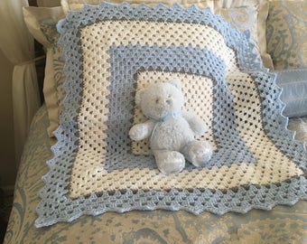 White crochet christening baptism baby blanket with fancy edge