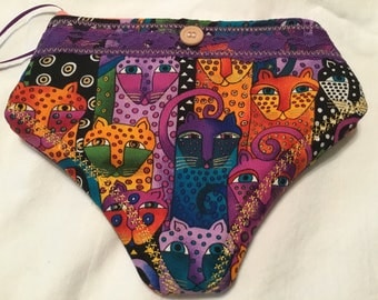 Laurel Burch fabric, brightly colored Cats Panty Shaped padded zippered bag, purse, clutch, bridal shower, phone case, big girl knickers