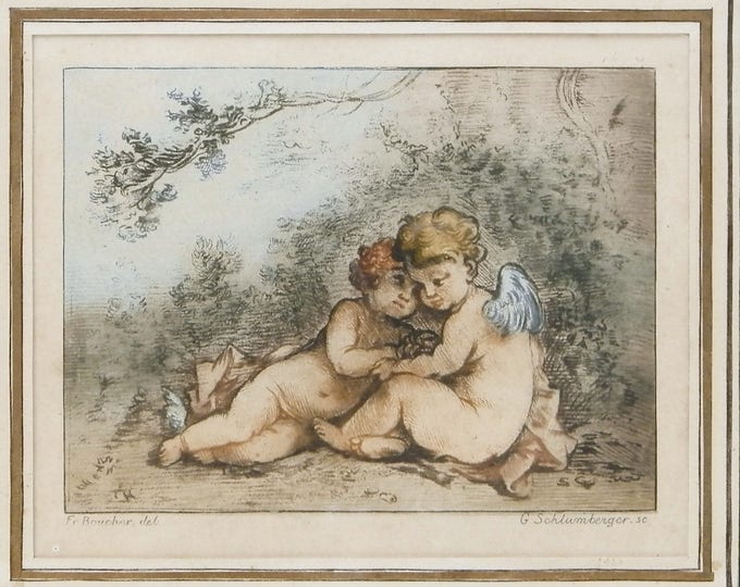 Antique Cherubims / Cherubs Original Colored Framed Etching Copy of a Painting by the French Artist Boucher by the Etcher G Schlumberger