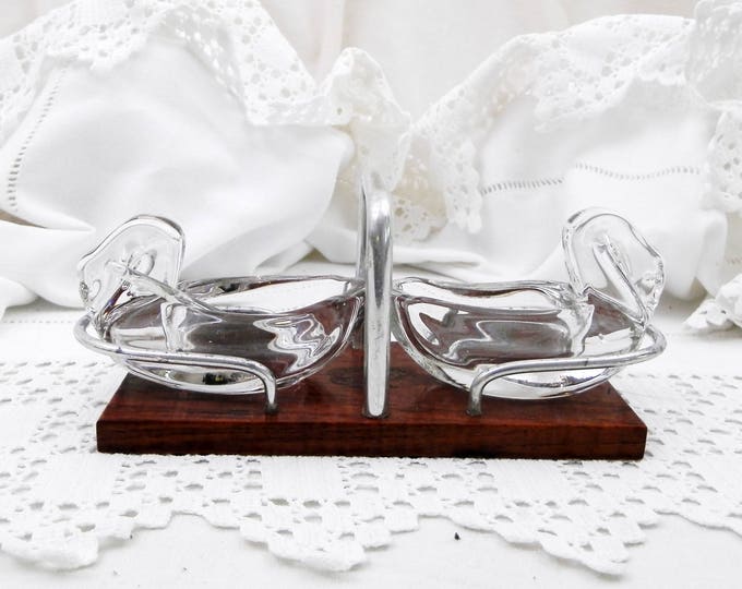 Vintage Glass Duck Salt and Pepper Serving Vessels Glass Spoon with Wooden and Metal Tray From France, French Salt N Pepper Tableware