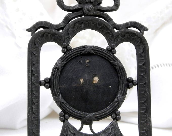 Small Antique French Cast Metal 1880s Portrait Photograph Frame with Ribbons, Standing Napoleon 3 Picture Frame Made in Paris, Photo Frame