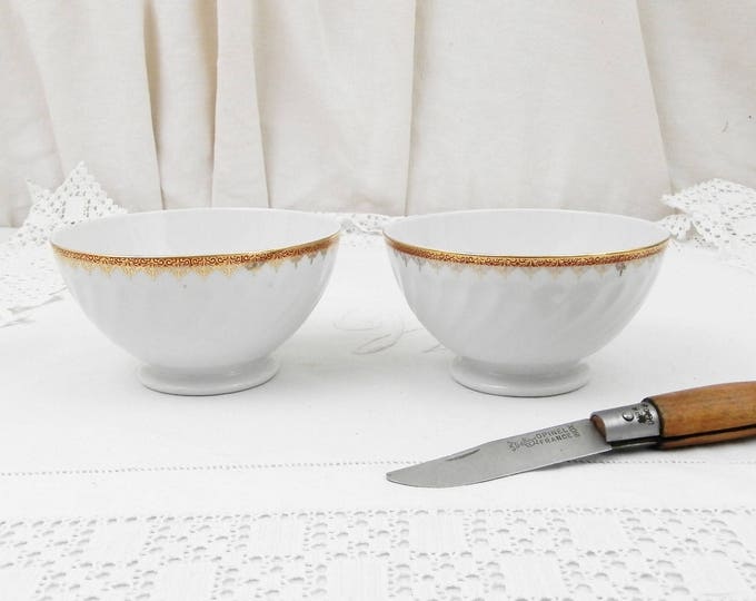 2 Vintage White Porcelain Coffee Bowls with Scalloped Sides Gold Gilt Frieze on the Rim from France by Sarreguemines, French Café au Lait