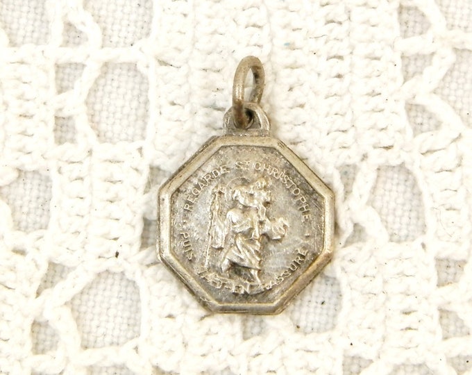 Small Vintage French Metal Religious Medal of Saint Christopher Featuring Car, Train, Airplane and Boat on the Reverse, Traveler Charm