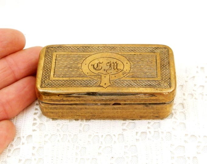 Antique French Victorian Rectangular Small Brass Box Engraved with the Monograms CM, Metal Snuff Box with Initials CM From France, Retro Tin