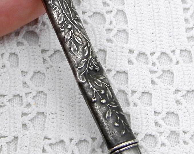 Antique French Silver Pendant Pencil Holder, Precious Metal Pen Case for a Necklace, Victorian Novelty Jewelry with Cherry Pattern