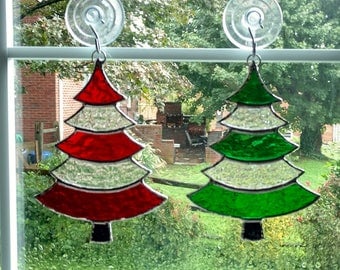 Stained Glass Christmas Tree Suncatcher, Red and Green Glass, Christmas Tree Ornament, Holiday Decor, Christmas Gift, Stocking Stuffer