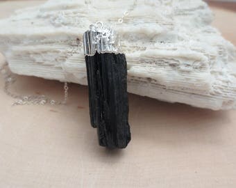 Black Kyanite sterling silver necklace, kyanite pendant silver necklace, raw kyanite necklace, black kyanite necklace