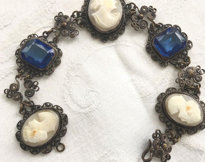 Antique Cameo Bracelet, Filigree Wire Work, Cobalt Glass Stones, Antique Cameo Jewelry