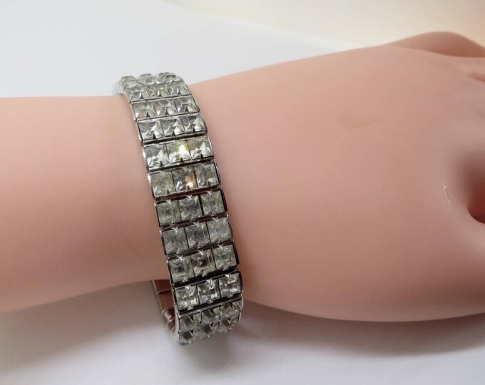 Art Deco Crystal Bracelet, Channel Set, Rhodium Setting, 1950s Bracelet, Wedding Bridal Jewelry, Crystal Clear Stones