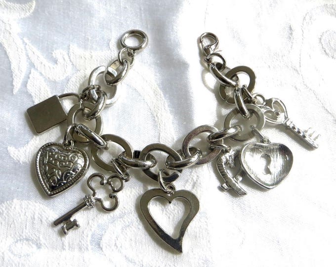 Vintage Charm Bracelet, Heart Lock and Key Charms, Silvertone Love Bracelet, Valentines Day Gift For Her