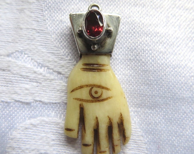 Vintage Hamsa Hand Pendant, Sajen Hamsa Hand Charm, Sterling Garnet Oxbone, Spiritual Jewelry, Sajen Jewelry