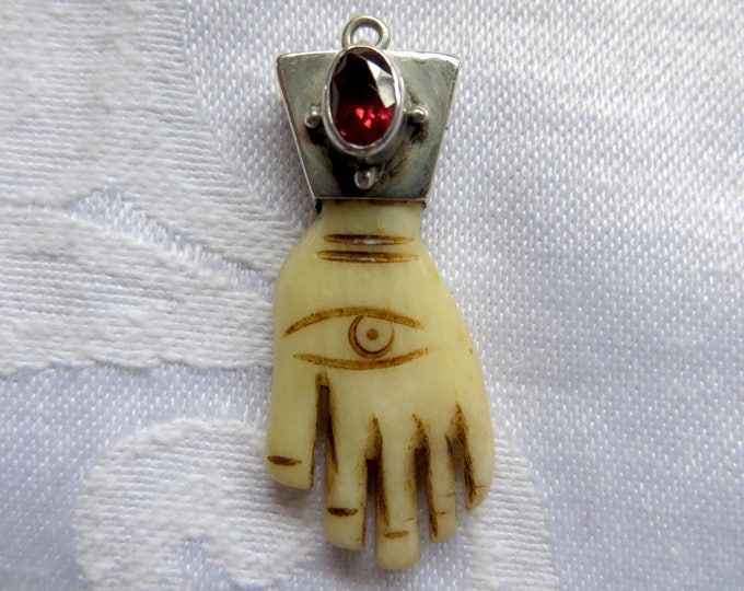 Vintage Hamsa Hand Pendant, Sajen Hamsa Hand Charm, Sterling Garnet Oxbone, Spiritual Jewelry, Sajen Jewelry