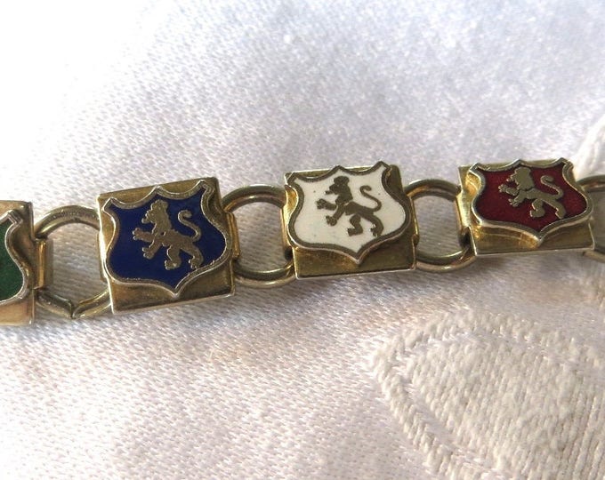 Vintage Heraldic Bracelet, Rampant Lion Shield Bracelet, Vintage British Bracelet, Heraldic Jewelry, Rampant Panels