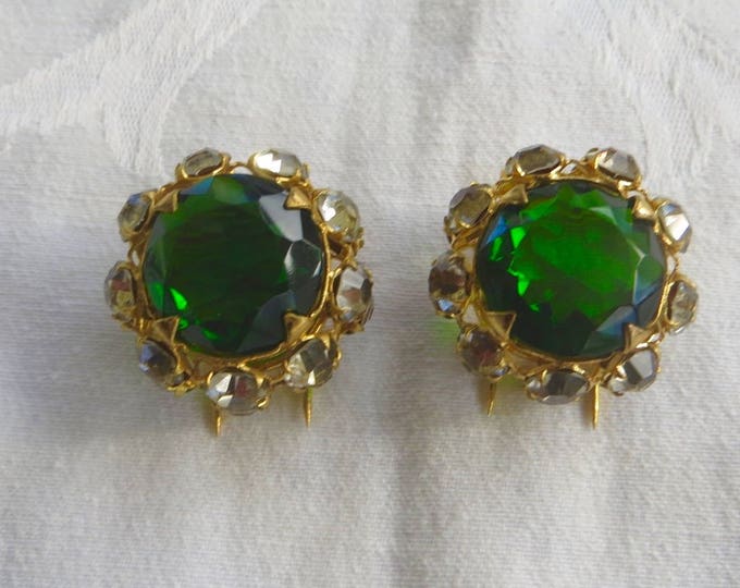 Vintage French Dress Clips, French Fur Clips, Art Glass Clips, Green Faceted stone, Paris Jewelry, Art Deco Jewelry, Spectacular!