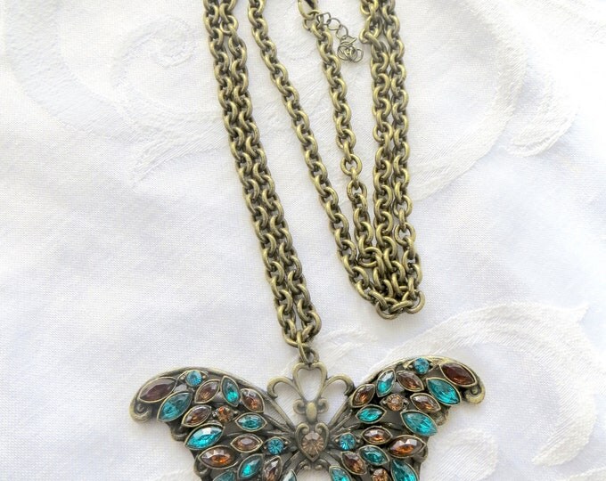 Rhinestone Butterfly Necklace, Vintage Butterfly Pendant, Teal & Amber Navettes, 30 " Cable Chain Butterfly Jewelry