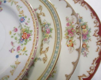 Vintage Shabby Mismatched China Salad Plates, Cottage Chic,Wedding,Tea Party,Bridal Luncheon,Showers,Hostess Gift,Bridesmaid Gift - Set of 4
