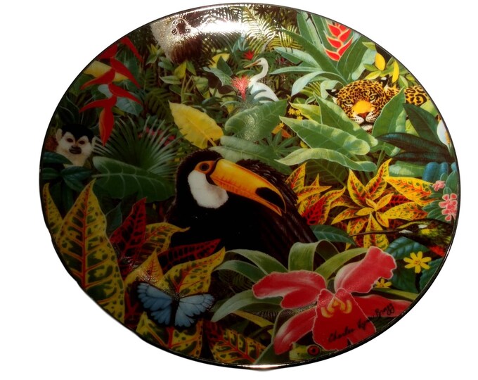 Rainforest Magic Wall Hanging Plate, Gift Idea, Wall Plate, Tropical Design Vintage Plate, Environmental Artists