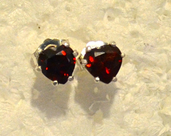 Red Garnet Studs, 6mm Heart, Natural, Set in Sterling Silver E1127
