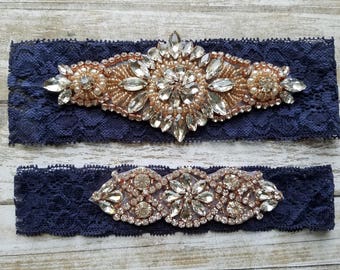 Sale -Wedding Garter and Toss Garter-Crystal Rhinestone with Rose Gold Details - Navy Blue Garter Set - Style G20960RG