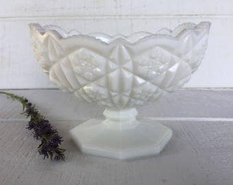 Toltec Milk Glass by Kemple Milk Glass Oval Footed Bowl Serving bowl Vintage milk glass pedestal bowl Pres Cut Prescut Mid century glassware