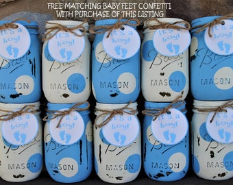 Baby Boy Shower Mason Jar Centerpieces, Blue and White Polka Dots, Shabby Chic Distressed Painted Mason Jars, Baby Shower Decor, It's A Boy