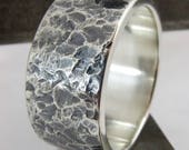 Mens Wedding Ring Wide Sterling Silver Hammered Textured Band 10mm Wide