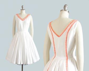 Vintage 1950s Dress | 50s White Cotton Sundress Pink Fringe Trim Full Skirt Day Dress (xs)