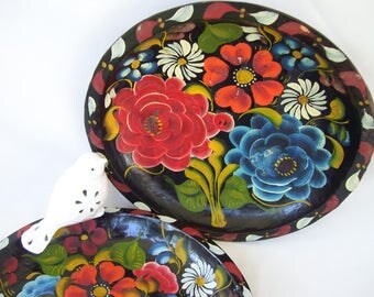 Vintage Hand Painted Mexican Floral Design Wood Bowl Floral Wood Tray Wall Flowers Hanging Art Southwestern Decor