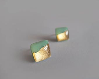 Mint Gold Square Stud Earrings - Gift for Her - Hypoallergenic Titanium Posts