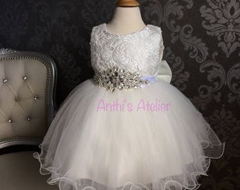 Baptism Dress for Baby girl lace christening dress flower girl dress with crystal rhinestone belt